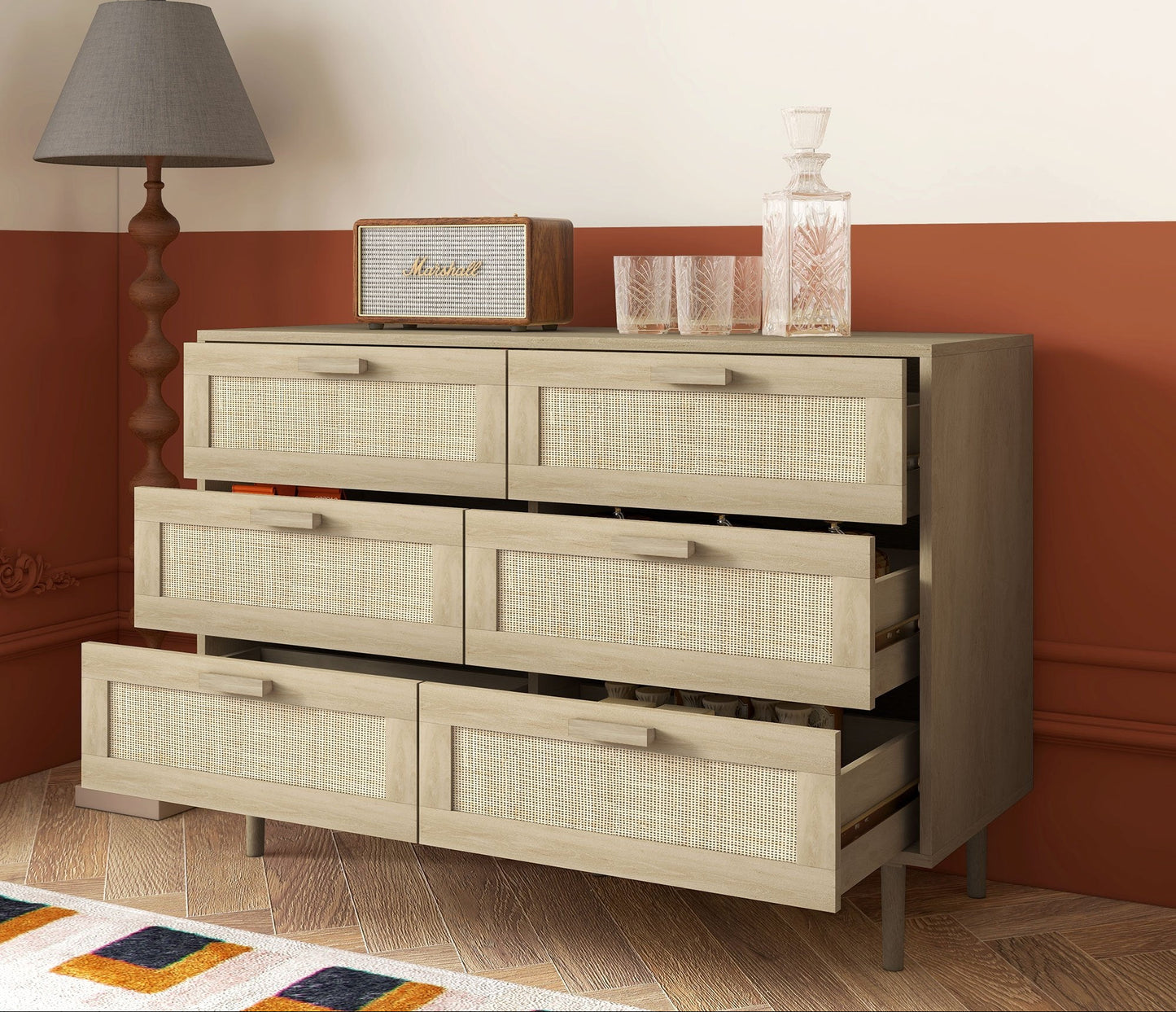Opbergkast – Ladekast – Commode – Kast – Dressoir – 6 Lades – Rotan Geweven Front – Licht Hout – Compact Formaat – Stevige Constructie