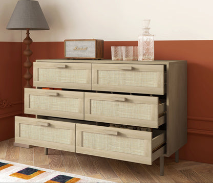 Opbergkast – Ladekast – Commode – Kast – Dressoir – 6 Lades – Rotan Geweven Front – Licht Hout – Compact Formaat – Stevige Constructie