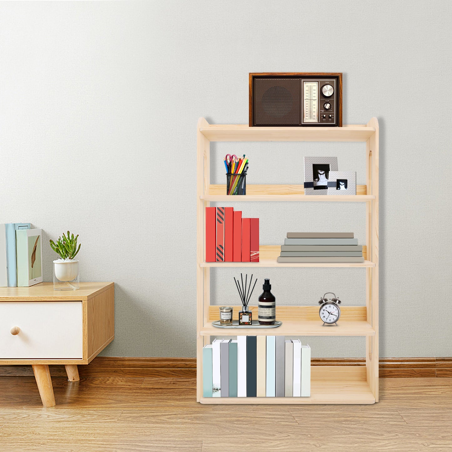 Boekenkast – Boekplank – Opbergkast – Boekrek – Boekstelling – 5-Laags – Onbehandeld Dennenhout – 80x26x130 cm – Ruimtebesparend Design
