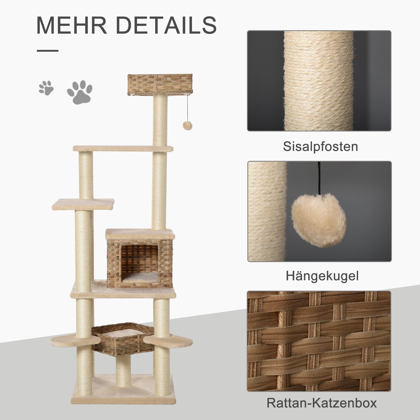 Krabpaal – Kattenboom – Kattenhuis – Krabmeubel – Kattentoren – Meerlaags Met Sisal En Kattenhol – Stevig E1 MDF 174 cm Hoog – Beige Bruin