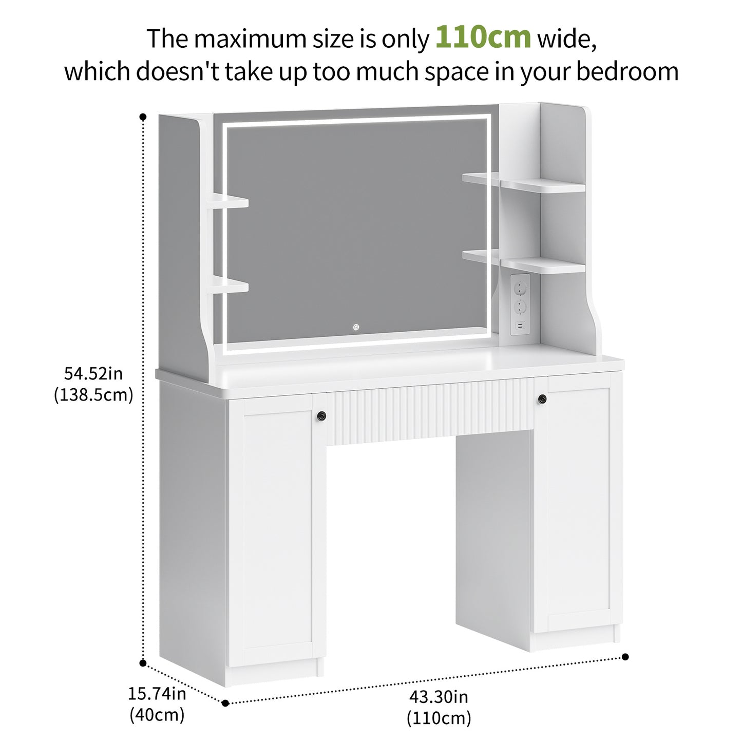 Make-up Tafel – Make-up Bureau – Kaptafel – Schoonheidstafel – Visagie Tafel – Wit Hout & Glas – 90 cm Breedte – 3,2 Kubieke Voet Opbergruimte – Inclusief Zachte Zitbank