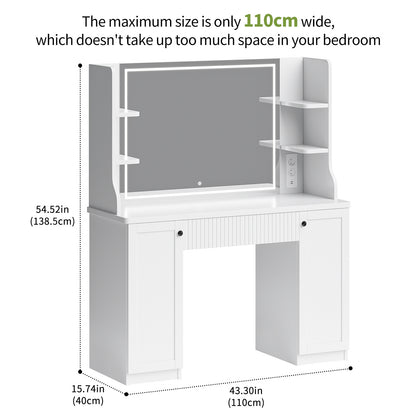 Make-up Tafel – Make-up Bureau – Kaptafel – Schoonheidstafel – Visagie Tafel – Wit Hout & Glas – 90 cm Breedte – 3,2 Kubieke Voet Opbergruimte – Inclusief Zachte Zitbank