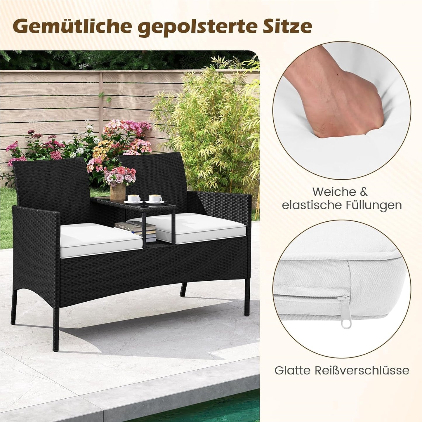 Tuinbank – Loungeset – Bistroset – Tuinmeubilair – Balkonmeubel – Tweezits Met Tafel – Weerbestendig PE-Rattan – Gehard Glas Tafelblad