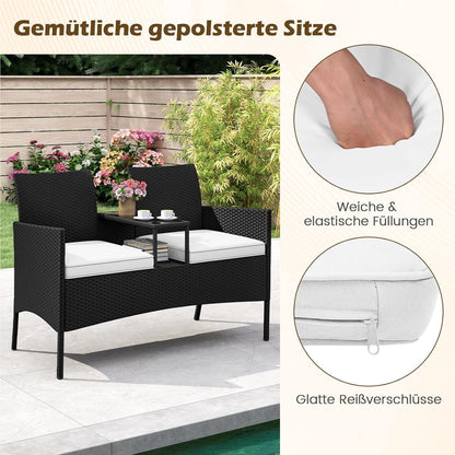 Tuinbank – Loungeset – Bistroset – Tuinmeubilair – Balkonmeubel – Tweezits Met Tafel – Weerbestendig PE-Rattan – Gehard Glas Tafelblad