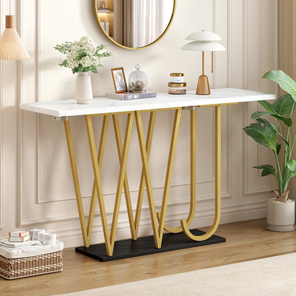 Smalle Eettafel – Smalle Tafel – Eetkamertafel – Keukentafel – Balkon Tafel – Marmerlook Tafelblad – Lettervormige Poten – Compact Design – Stevig & Stijlvol