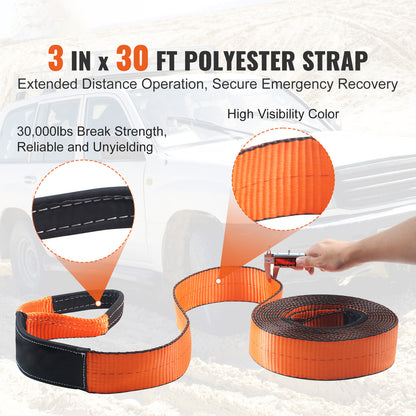 Trekband – Sjorband – Spanband – Sleepband – Off-Road Recovery Kit – Krachtige Polyester Banden 30.000 lb – Roestvrije Stalen D-Ringen 44.092 lb