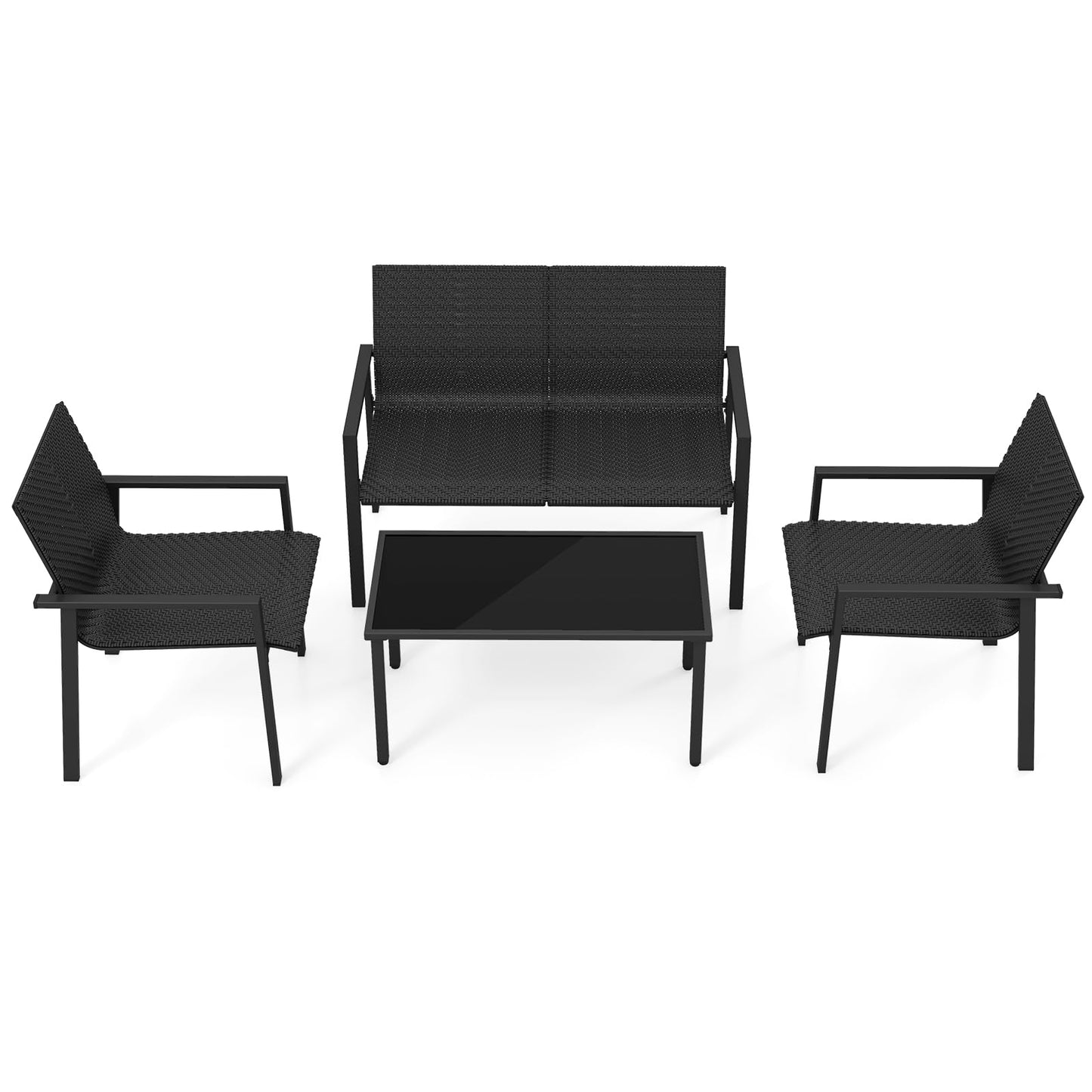 Polyrattan Tuinset – Tuinmeubelset – Loungeset – Buitenmeubelen – Patio Meubilair – 4-delig Zwart – Ergonomisch Design – Tempered Glas Tafel