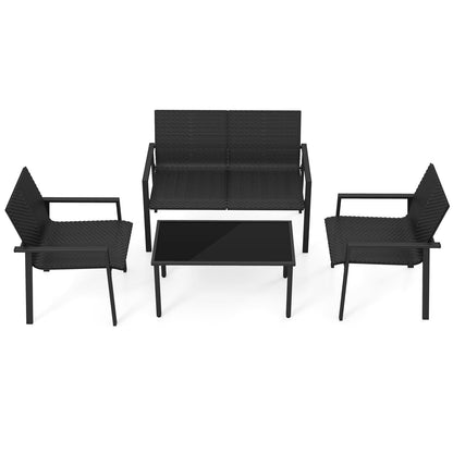 Polyrattan Tuinset – Tuinmeubelset – Loungeset – Buitenmeubelen – Patio Meubilair – 4-delig Zwart – Ergonomisch Design – Tempered Glas Tafel