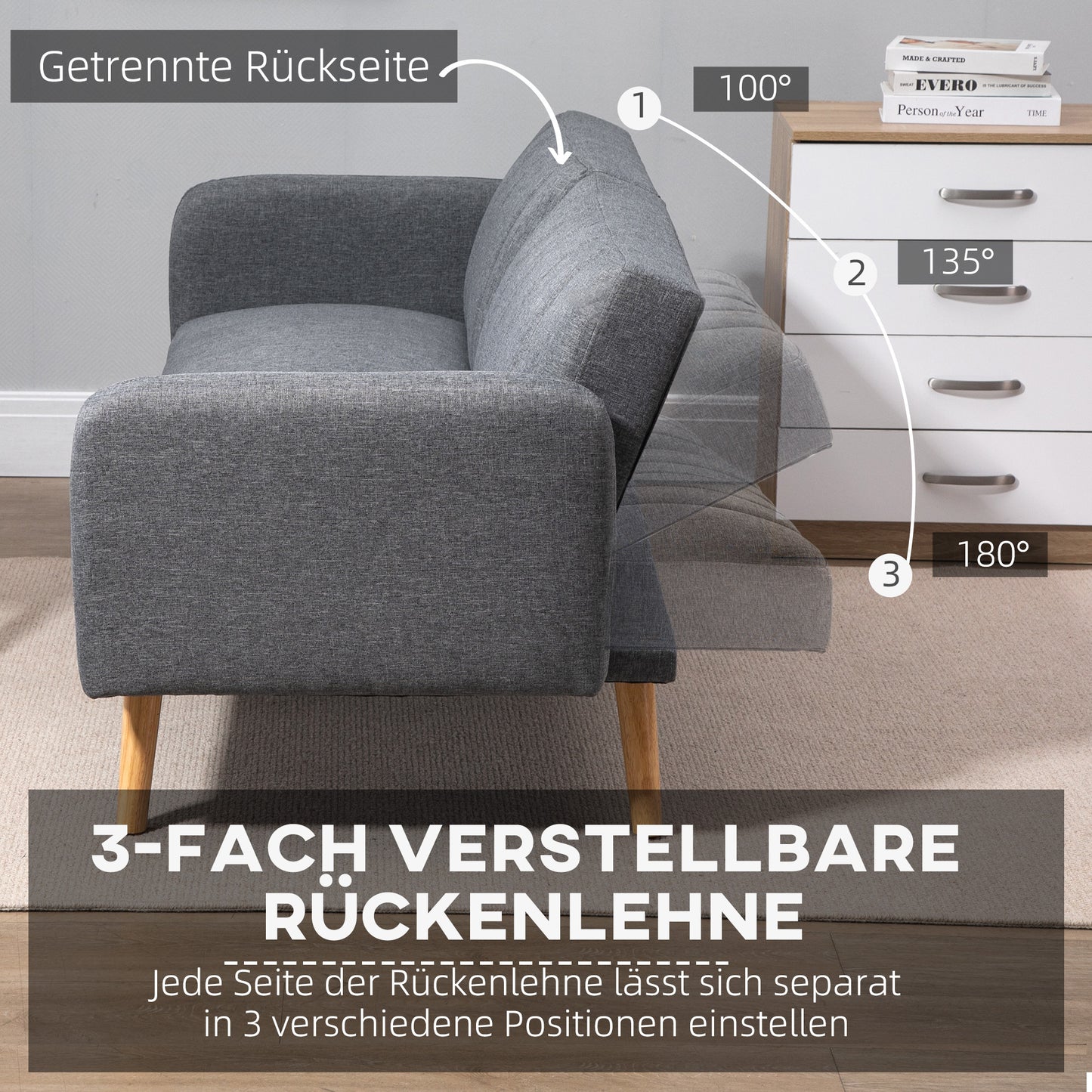 Slaapbank – Uitklapbare Sofa – Bedbank – Stofbank – Tweezitsbank – Verstelbare Rugleuning – Linnenlook Polyester – Rubberenhouten Poten – 173x75x73 cm – Comfortabel & Stabiel