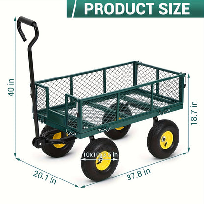Heavy-Duty Steel Garden Cart with 180° Rotating Handle, Removable Sides & All-Terrain Large All-Terrain Tires - Sturdy Steel Frame, Green & Design, Large Capacity Utility Wagon for Yard, Farm, Beach, Lawn Care, Construction
