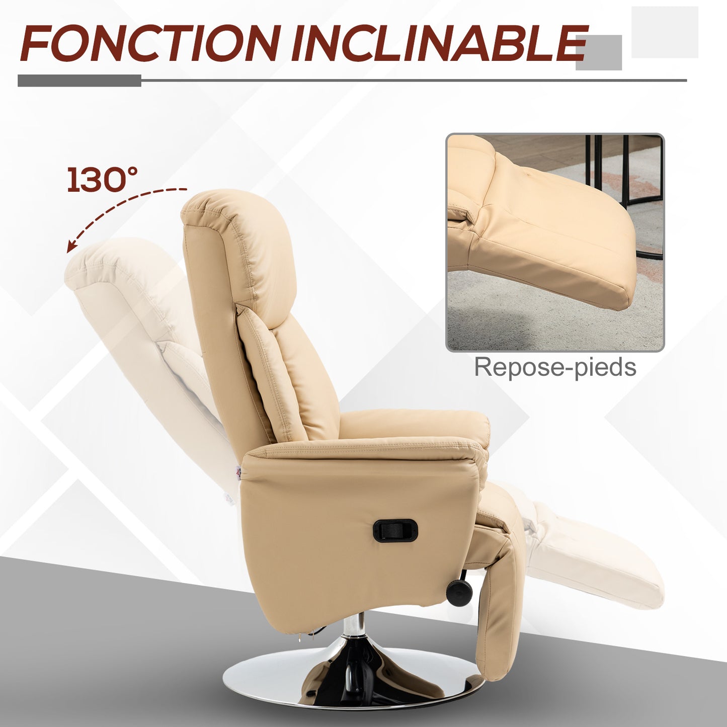 Draaifauteuil – Relaxfauteuil – Loungestoel – Verstelbare Stoel – Beige – 360° Draaibaar – Verstelbare Voetensteun Met PU Kunstleer