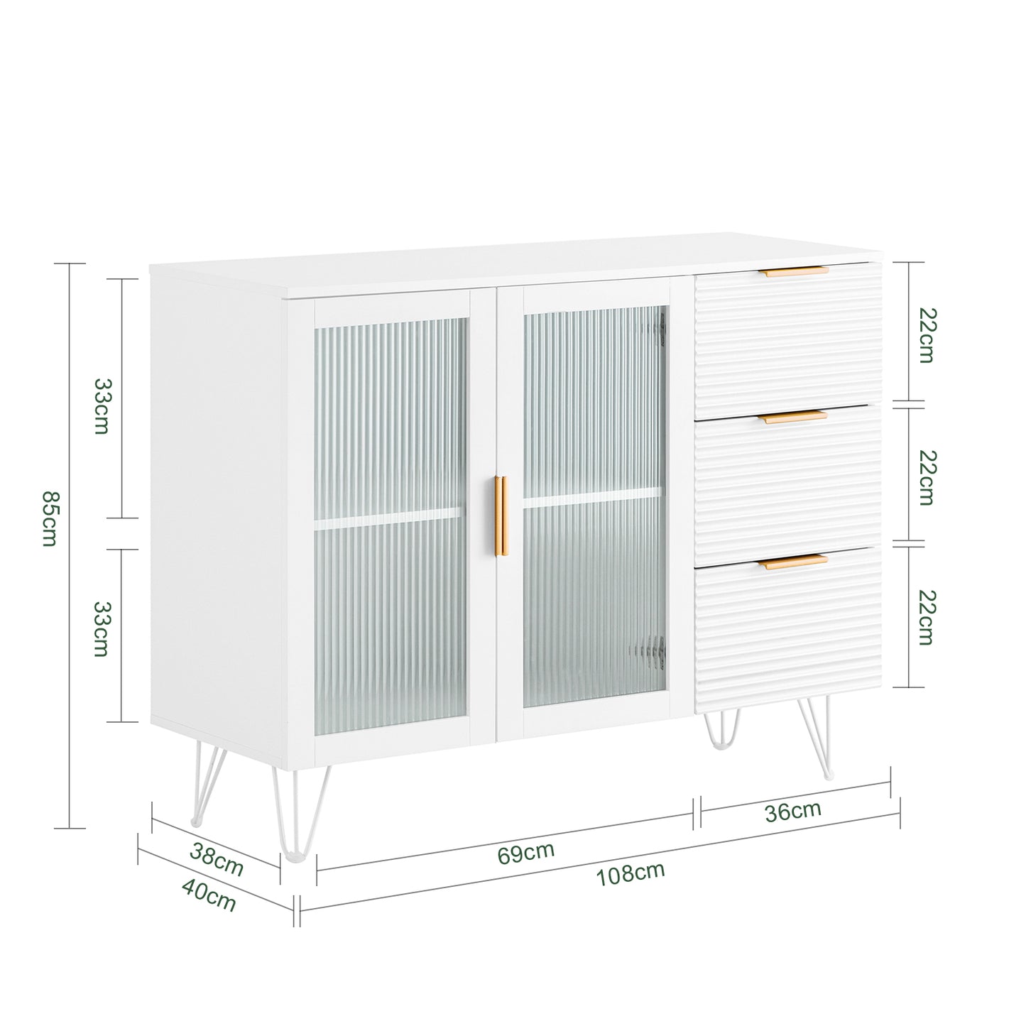 Keukenkastje – Keukenkast – Opbergkast – Buffetkast – Ladeskast – Wit Met Gouden Details – 3 Lades En 2 Glazen Deuren – MDF En Metaal