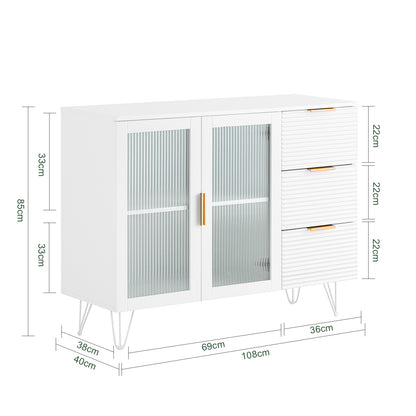 Keukenkastje – Keukenkast – Opbergkast – Buffetkast – Ladeskast – Wit Met Gouden Details – 3 Lades En 2 Glazen Deuren – MDF En Metaal