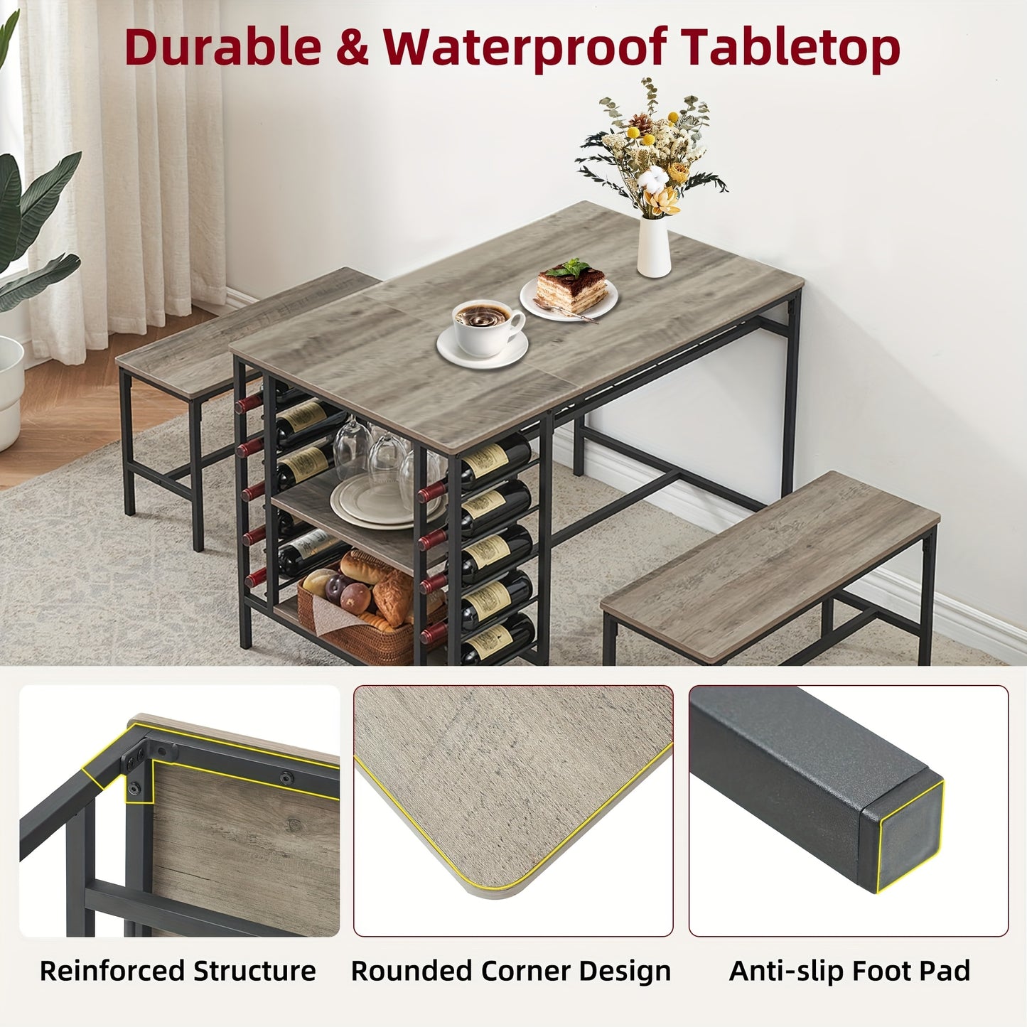 Eettafelset – Eetkamerset – Keukentafelset – Zitgroep – Tafel met Stoelen – Ruimtebesparend Design – Ingebouwd Wijnrek & Opbergrekken – Compact Rechthoekig – Stevig Hardhout – Inclusief 2 Banken