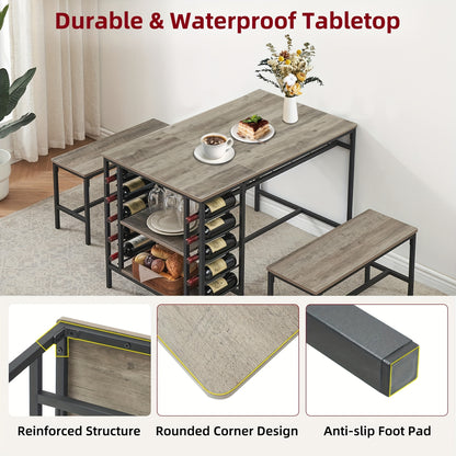 Eettafelset – Eetkamerset – Keukentafelset – Zitgroep – Tafel met Stoelen – Ruimtebesparend Design – Ingebouwd Wijnrek & Opbergrekken – Compact Rechthoekig – Stevig Hardhout – Inclusief 2 Banken