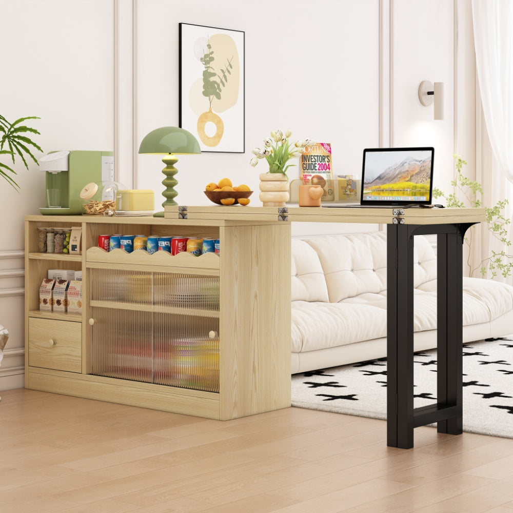 Extendable Folding Dining Table with Storage - Space-Saving Modern Design, 360° Rotating Tabletop, Large Storage Compartment & Sturdy Metal Frame - Natural Wood-Like Finish & Black Expandable Table for Small Spaces, Apartmen