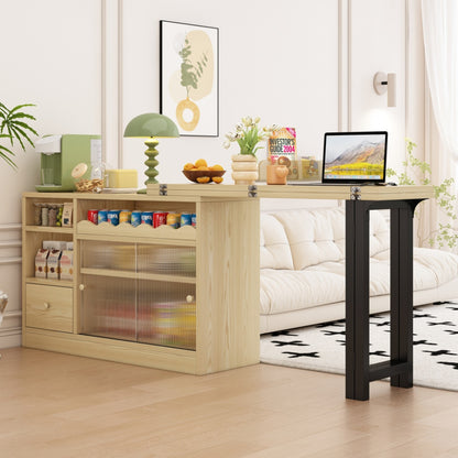 Extendable Folding Dining Table with Storage - Space-Saving Modern Design, 360° Rotating Tabletop, Large Storage Compartment & Sturdy Metal Frame - Natural Wood-Like Finish & Black Expandable Table for Small Spaces, Apartmen