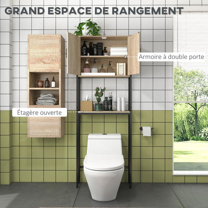 Toiletkast – Toiletmeubel – Wc-kast – Badkamerkast – Natuurlijk Hout – Industrieel Design – Compact 64x19x178 cm – Zwart Metaal & Licht Eiken