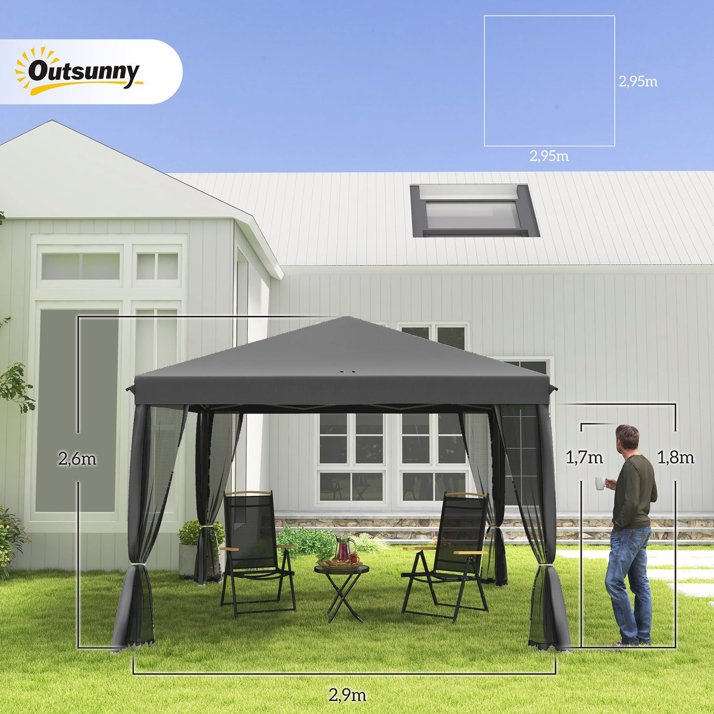 Paviljoen – Tuinkamer – Tunneltent – Partytent – Gazebo – Grijs – 3x3 Meter – 4 Afneembare Muggennetten