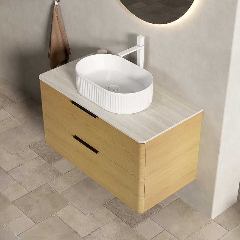 Badmeubel – Badkamermeubel – Wastafelmeubel – Onderbouwkast – Wastafel – 90 cm – Travertijn Sintered Stone Blad – Zwevend Multiplex Met Eiken Houtnerf