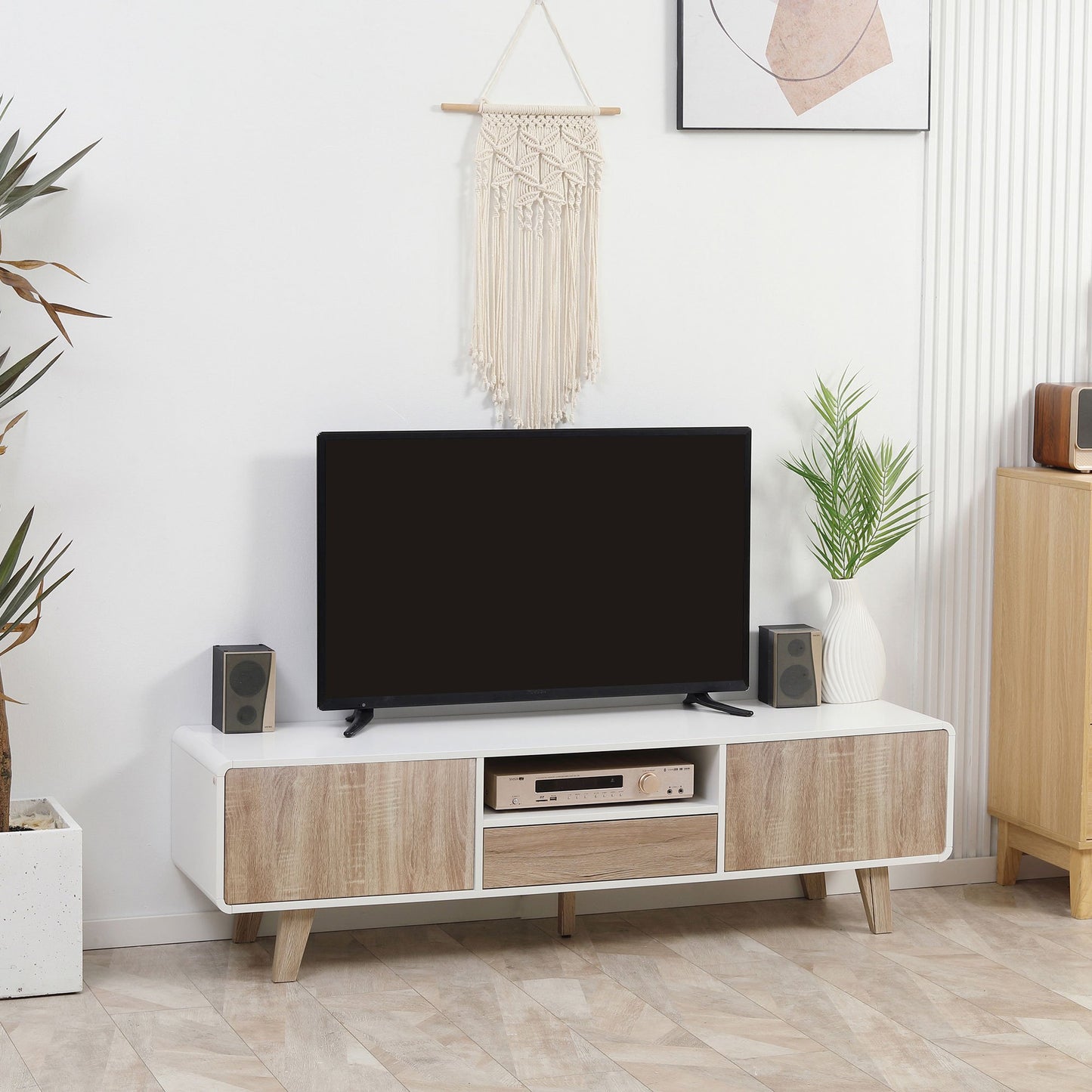 Tv-meubel – TV-kast – Tv-standaard – Tv-dressoir – Lowboard – Scandinavisch design – MDF wit met licht eiken – 2 deuren en lade