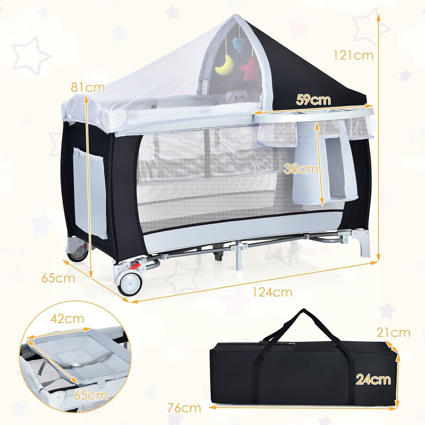 Reiswieg – Reisledikant – Babybed – Draagbaar Bedje – Reisbed – Twee-Laags Ontwerp – Inclusief Klamboe – Vergrendelbare Wielen