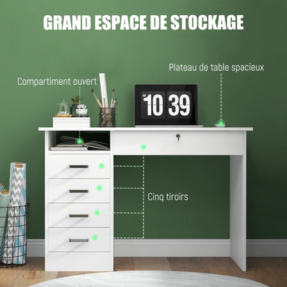 Computertafel – Computerbureau – Bureautafel – Laptoptafel – Werktafel – Wit – 110x50x76 cm – 5 Laden inclusief Afsluitbare Lade – Melamine Spaanplaat