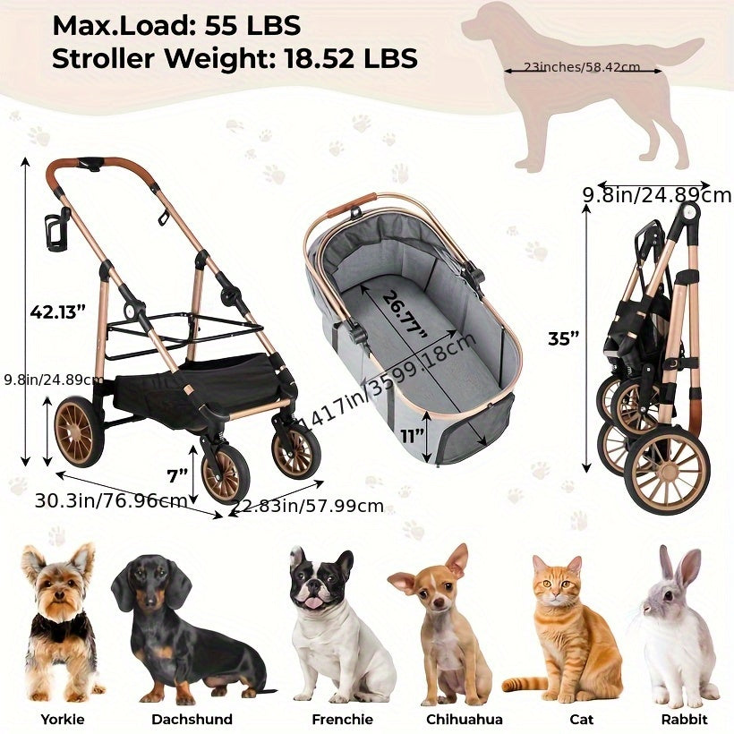 Dierenwagen – Huisdierwandelwagen – Draagkooi – Hondenwagen – Kattenwagen – Met 4 Schokabsorberende Wielen – Draagvermogen 25 kg – Lichtgewicht Metalen Frame – Inclusief Veiligheidstuigje Champagne Golden Gray