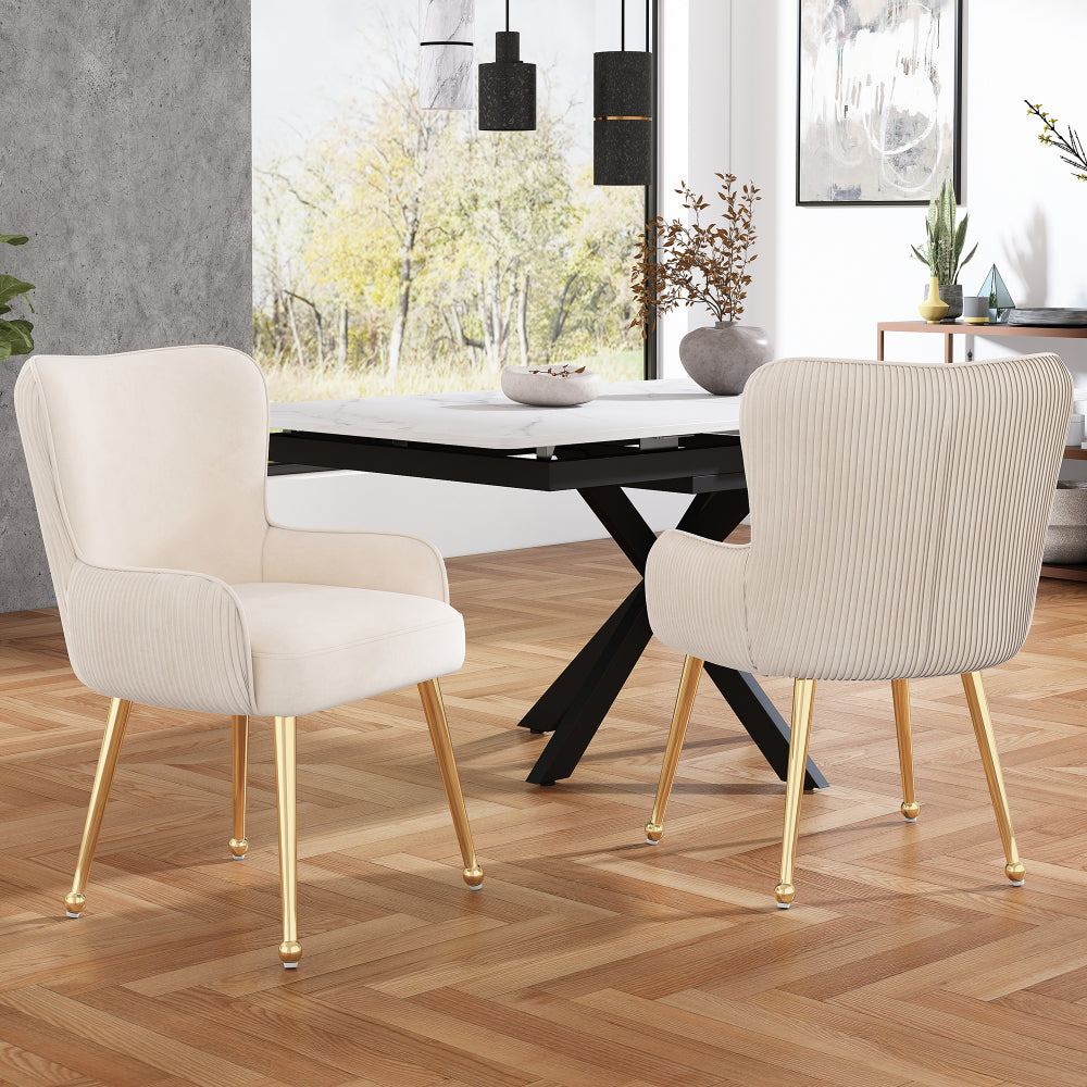 Eetkamerstoel – Velvet Stoel – Kuipstoel – Set Van 2 – Luxe Design – Beige – Gouden Metalen Poten – Met Armleuningen – Verstelbare Glijders