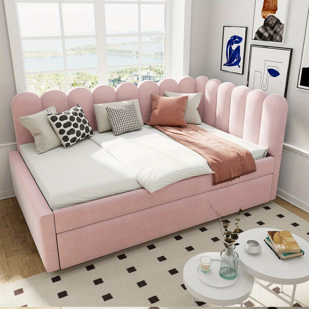 Slaapbank – Bedbank – Sofa Bed – Logeerbed – Bedbank Uittrekbaar – L-vormig – Fluwelen Bekleding – 140x200 cm