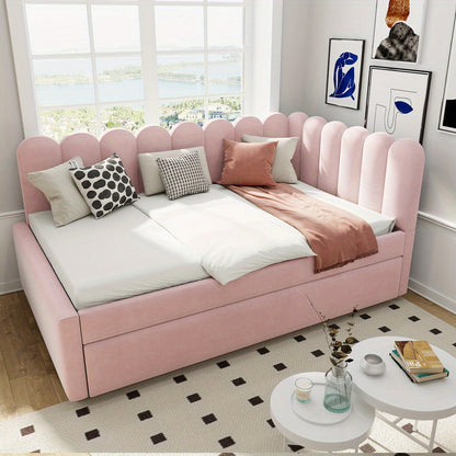 Slaapbank – Bedbank – Logeerbed – Bank – Bed – L-vormige Bedbank Roze Fluweel – Uitschuifbaar Tweepersoonsbed 140x200 cm – Bloemvormige Rugleuning