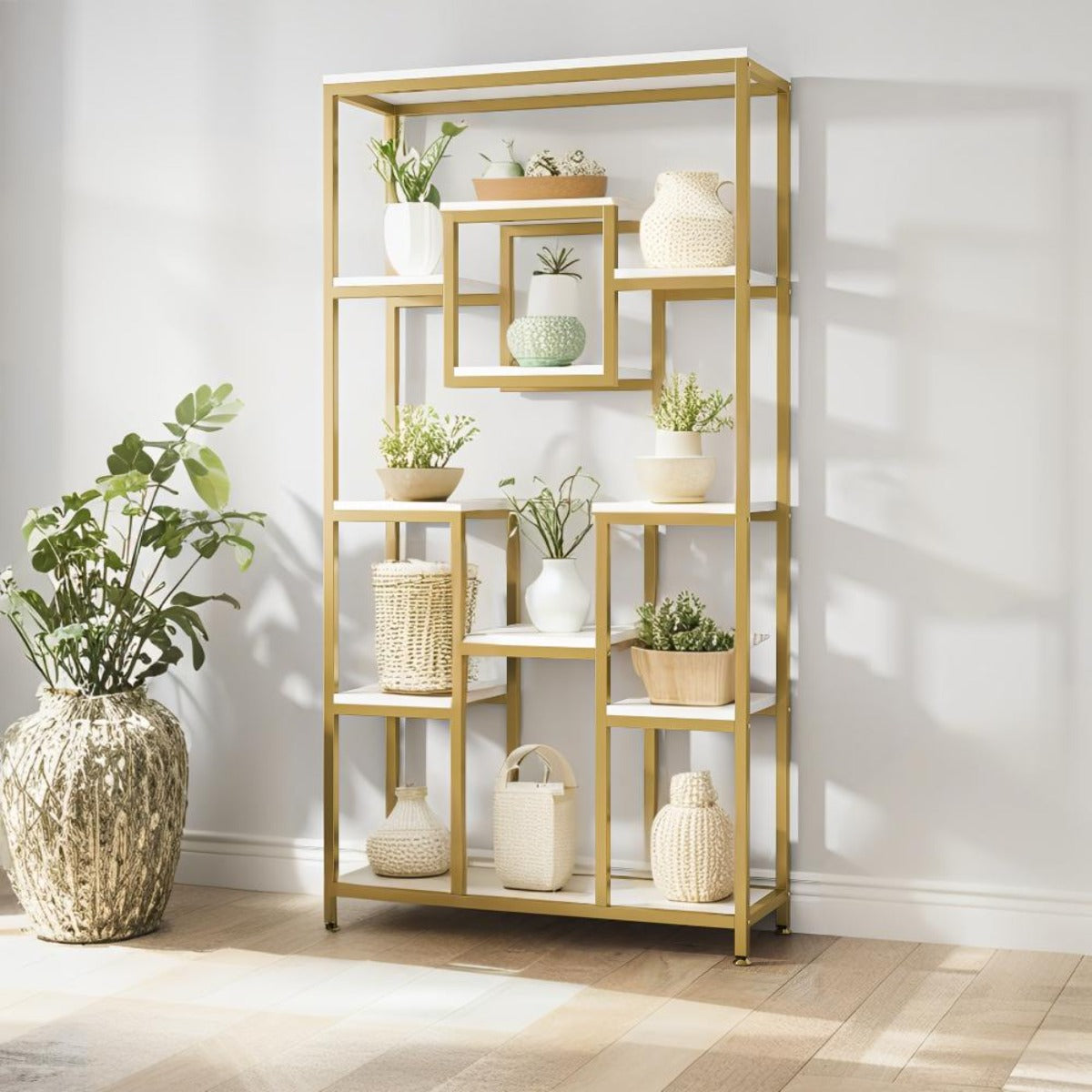 Golden & White 180.34cm Modern Tall Bookshelf - 11-Tier Large Heavy-Duty Bookcase with Geometric Cubed Design, Freestanding Open Shelving Unit, Sturdy Engineered Wood Construction, 68.58cm+ Height & 22.68 KG/Shelf Capacity, S