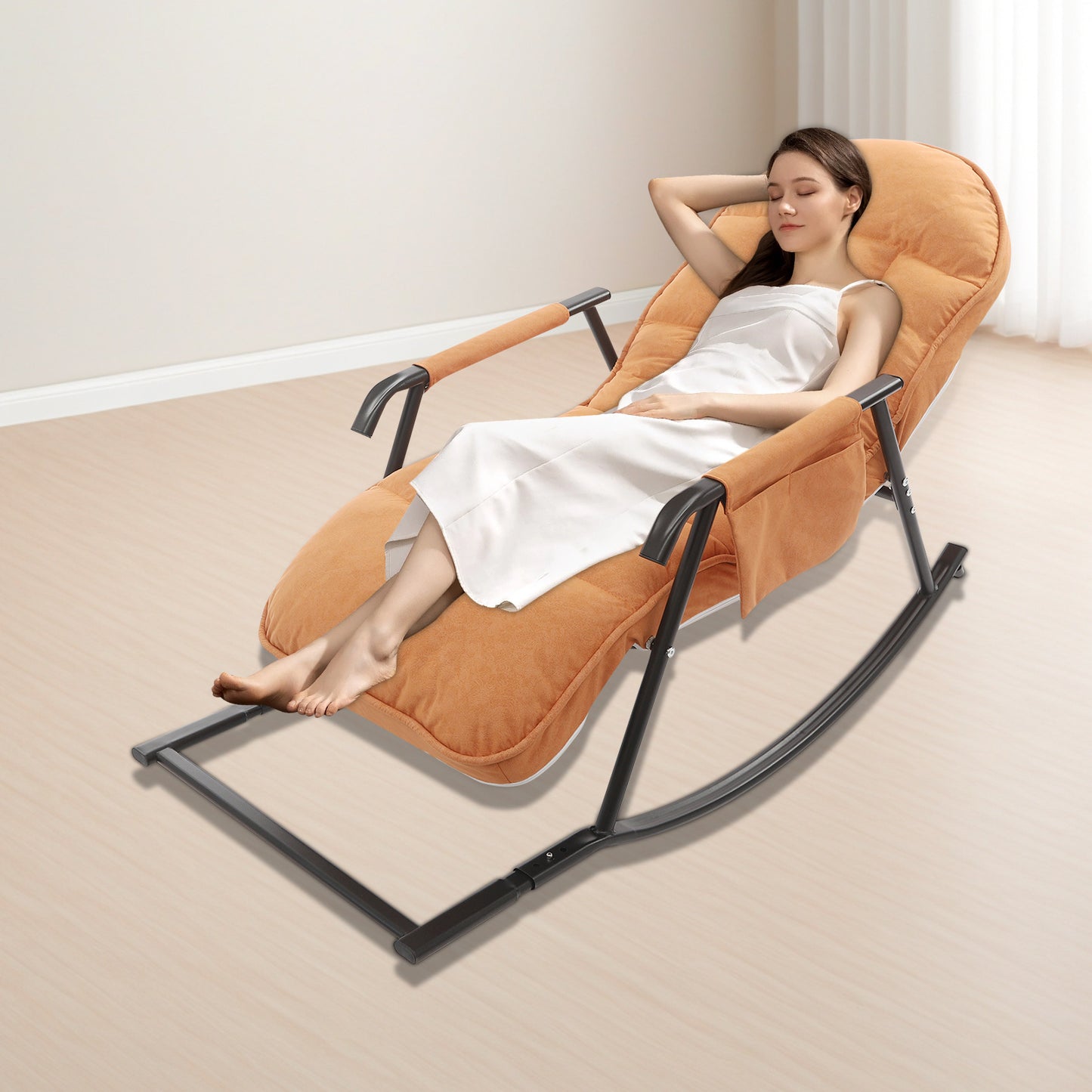 Relaxfauteuil – Schommelstoel – Loungefauteuil – Verstelbare Stoel – Relaxstoel – Stalen Frame – 3-stand Voetsteun – Oranje – Comfortabele Zit – Geschikt Voor Harde Vloeren