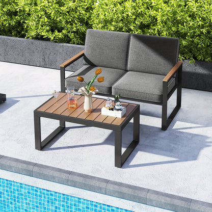 4-delige Loungeset – Tuinmeubelset – Balkonset – Terrasmeubilair – Buitenmeubelset – Aluminium Frame – Hout-Plastic Armleuningen & Tafelblad – Comfortabele Olefin Kussens – Roestvrij & Duurzaam – Grijs