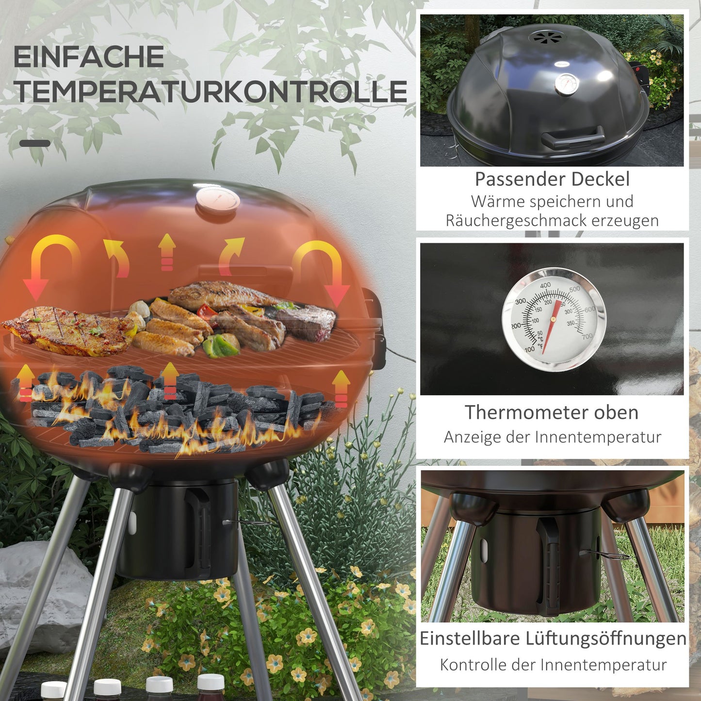 Bol Grill – Houtskoolbarbecue – BBQ Oven – Buitenkeuken – Ronde Barbecue – 54 cm Grilloppervlak – Ingebouwde Thermometer & Uitneembare Aslade – Zwart