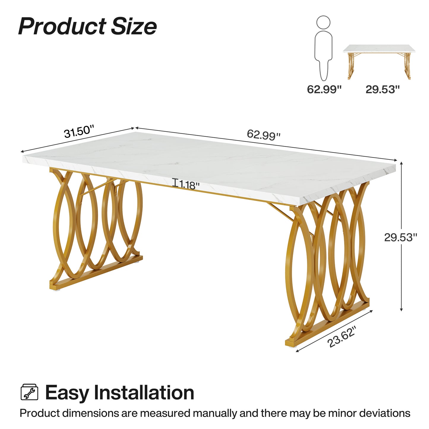 Eettafel – Tafel – Dinertafel – Keukentafel – Ontbijttafel – 63 inch Groot – Wit Faux Marmeren Blad met Gouden Geometrische Poten