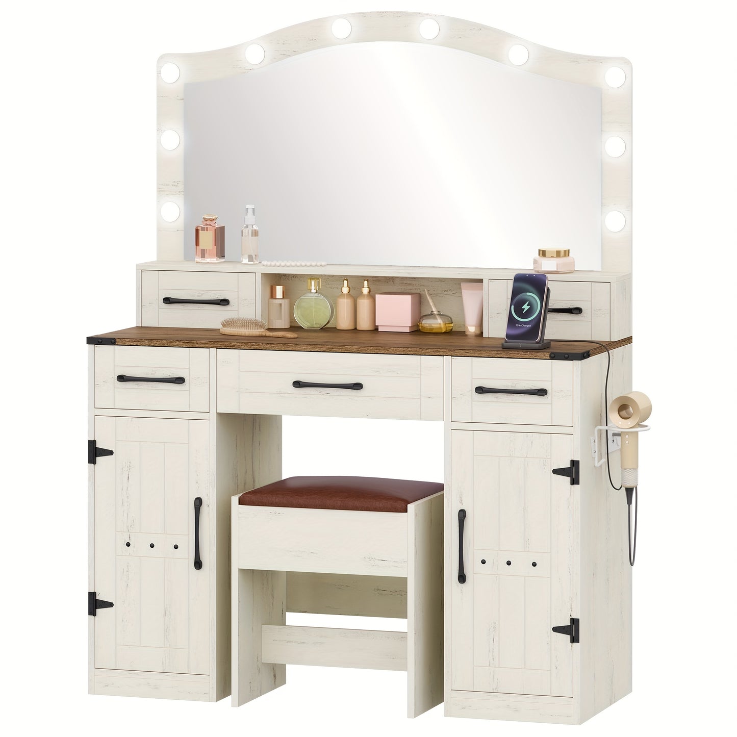 Organize And Store, Dressing Table with Large Mirror And LED Light, Dressing Table with Stool, with Socket And Hairdryer Holder, with 5 Drawers And 2 Doors, Brown And White, Mounted Closet Systems