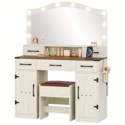 Organize And Store, Dressing Table with Large Mirror And LED Light, Dressing Table with Stool, with Socket And Hairdryer Holder, with 5 Drawers And 2 Doors, Brown And White, Mounted Closet Systems