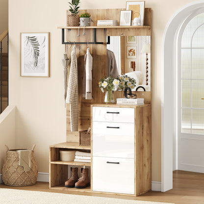 Halmeubel – Kapstok – Schoenenkast – Zitbank – Spiegel – Wit Met Houtlook – Compact Ontwerp 100x38,5x190 cm – Multifunctioneel Met Lade En Opslagruimte