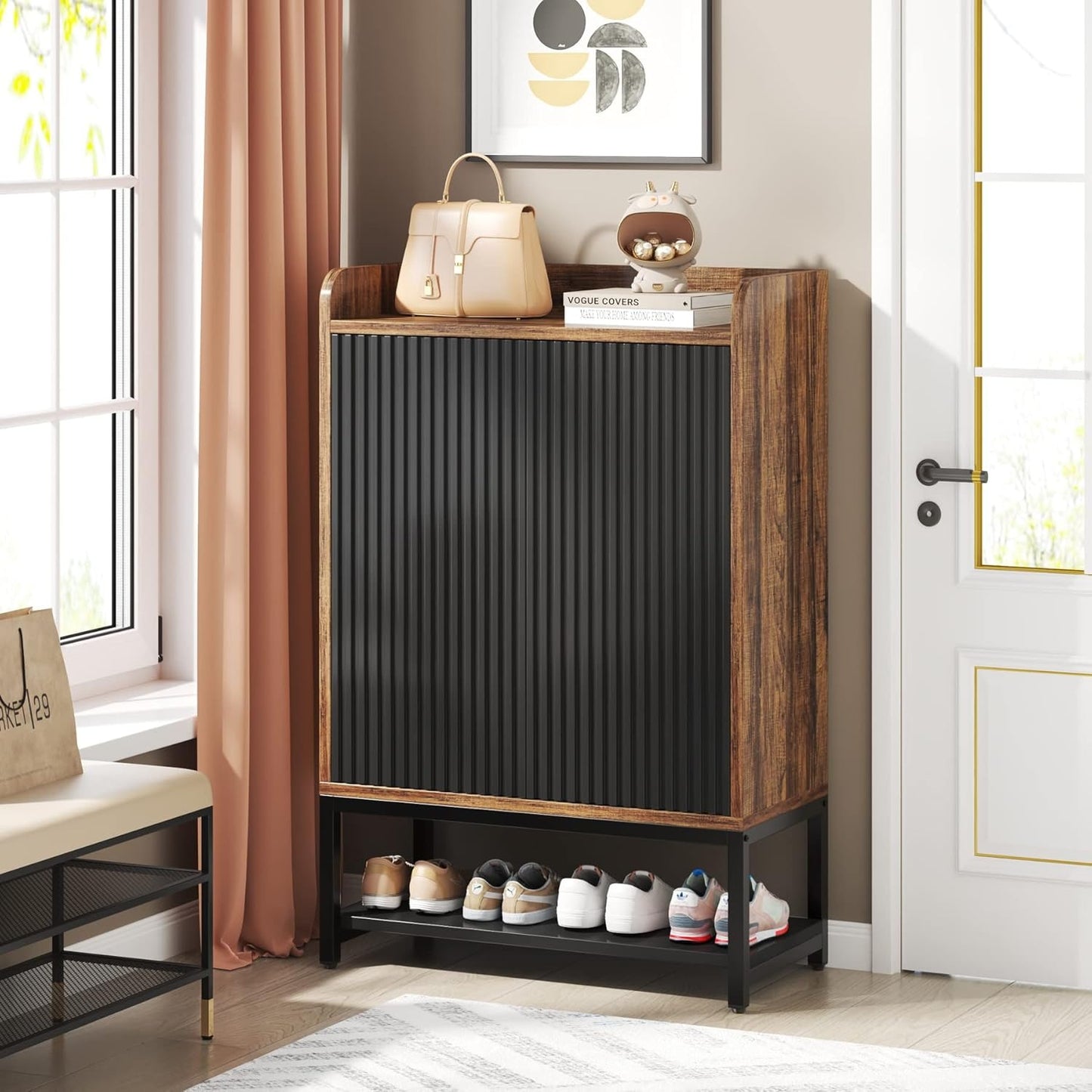 Schoenenkast – Schoenenrek – Schoenenopberger – Schoenkast – Schoenmeubel – 5-laags design – Stijlvol zwart-bruin hout en metaal – Compact en ruimtebesparend (25+ paar)