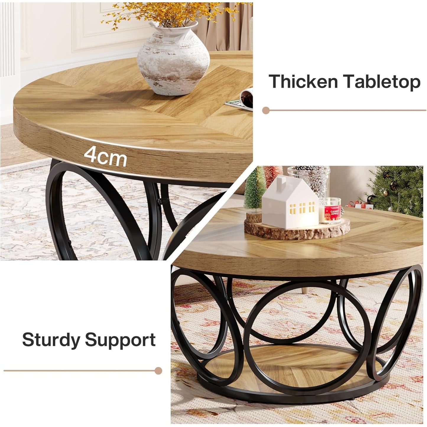 Ronde Salontafel – Ronde Tafel – Houten Tafel – Woonkamertafel – Farmhouse Tafel – 80 cm Diameter – 2-Tier Opbergruimte – E1 MDF Metalen Frame