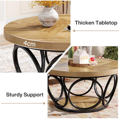 Ronde Salontafel – Ronde Tafel – Houten Tafel – Woonkamertafel – Farmhouse Tafel – 80 cm Diameter – 2-Tier Opbergruimte – E1 MDF Metalen Frame