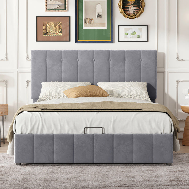 Gestoffeerd Tweepersoonsbed – Opbergbed – Slaapbank – Bedframe – Hydraulisch Bed – 140x200 cm – Fluwelen Hoofdbord – Metalen Lattenbodem