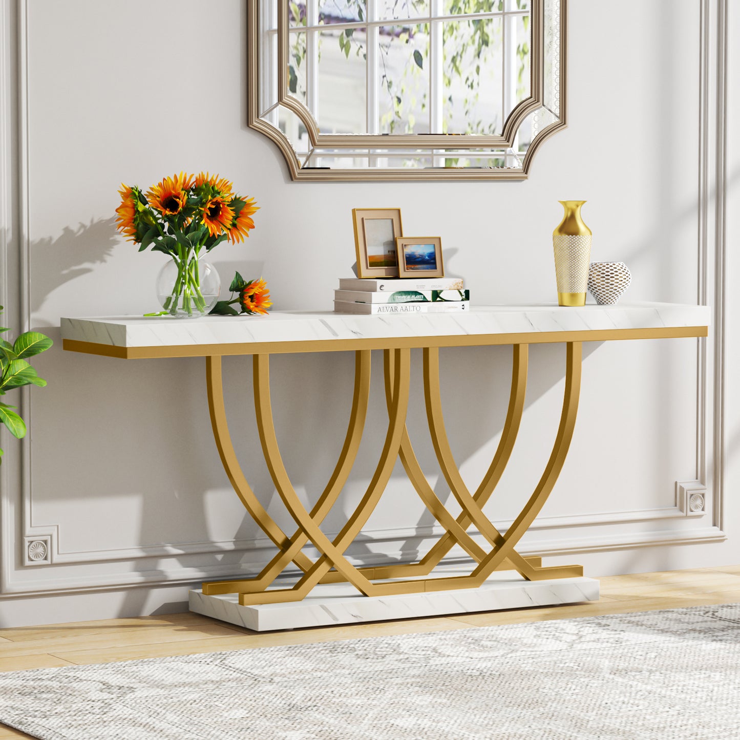 Console Tafel – Sidetable – Haltafel – Bijzettafel – Dressoir – Wit Kunstmarmer Blad – Gouden Metalen Poten – 150 cm Lang – Verstelbare Pootjes