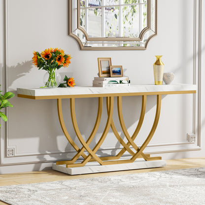 Console Tafel – Sidetable – Haltafel – Bijzettafel – Dressoir – Wit Kunstmarmer Blad – Gouden Metalen Poten – 150 cm Lang – Verstelbare Pootjes