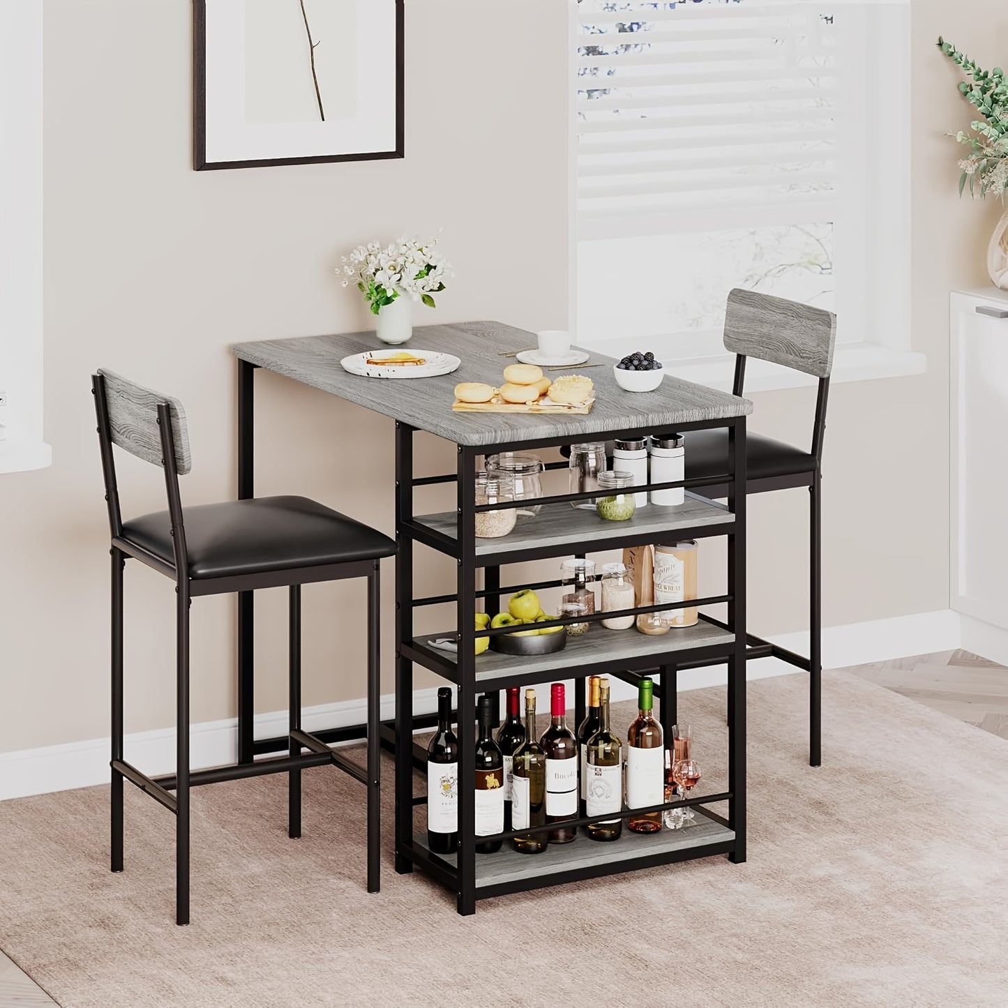 2-Person Kitchen Dining Table and Chair Set with 3-Tier Storage Shelves - Space-Saving Modern Farmhouse Style High Bar Table with PU Upholstered Chairs, Sturdy Wood & Steel Construction, Surface, Grey Finish for  Spaces, Apar