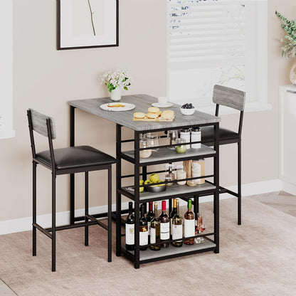 2-Person Kitchen Dining Table and Chair Set with 3-Tier Storage Shelves - Space-Saving Modern Farmhouse Style High Bar Table with PU Upholstered Chairs, Sturdy Wood & Steel Construction, Surface, Grey Finish for  Spaces, Apar