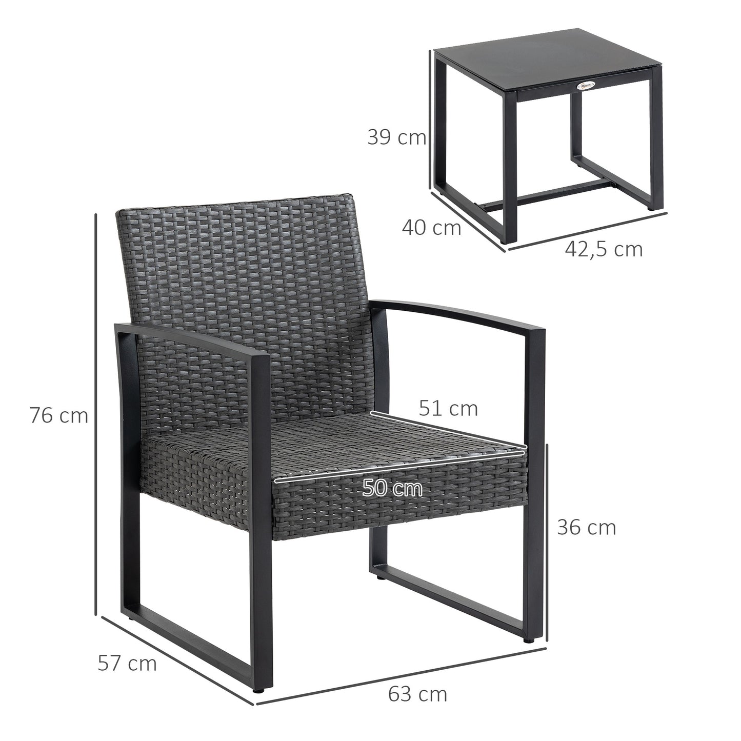 Tuinmeubelset 2 Persoons – Buitenmeubilair – Balkonset – Tuinset Compact – Loungeset Zwart – Comfortabele Zitkussens – Weerbestendig Metalen Frame