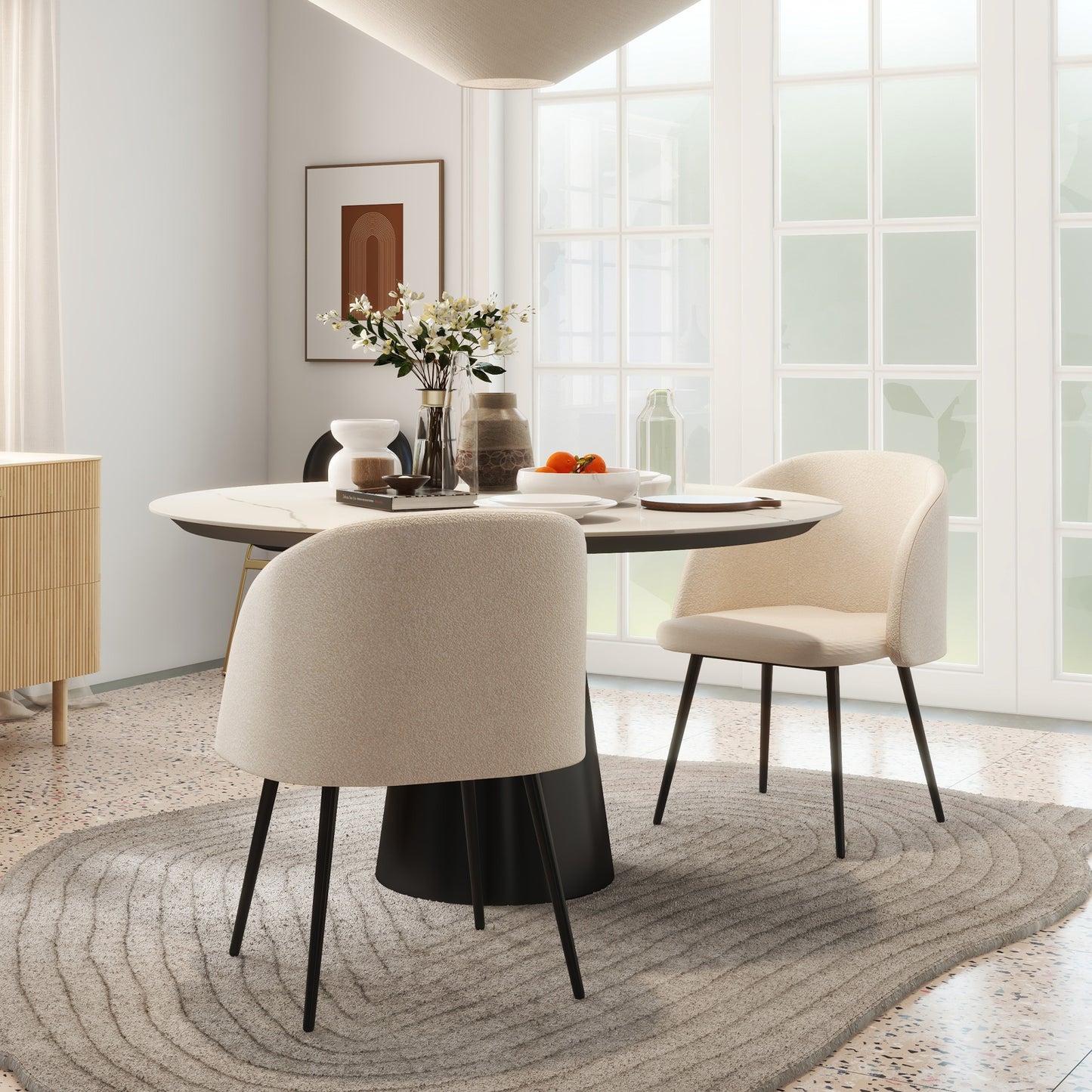 Eetkamerstoel – Stoel – Keukenstoel – Dining Chair – Zitmeubel – Set van 2 – Beige Stof – Zwart Stalen Poten – Ergonomisch Comfort – 55x62x80 cm