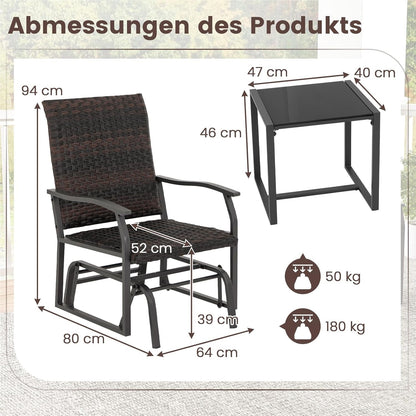 3-Delige Balkonset – Rattan Balkonmeubel – Tuinmeubelen – Terras Set – Buitenmeubilair – Gevlochten Rattan – Comfortabele Gevoerde Stoelen – Tempered Glas Tafel
